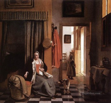 Pieter de Hooch Painting - Mother Lacing Her Bodice beside a Cradle genre Pieter de Hooch